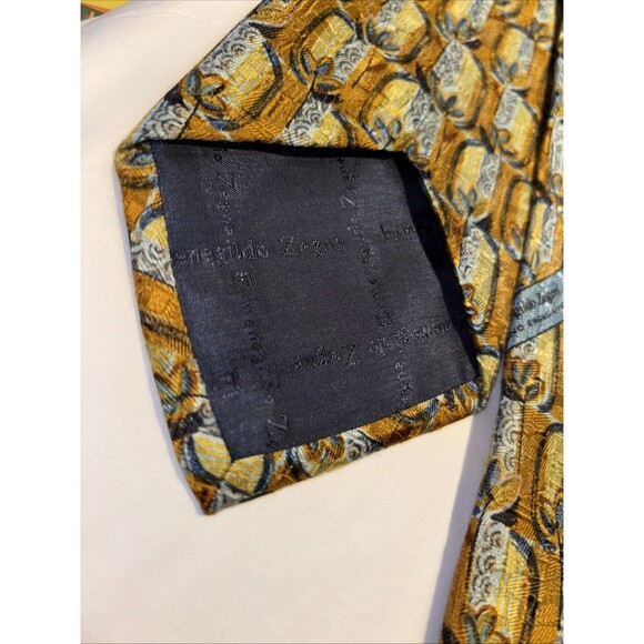 Ermenegildo ZEGNA REPP Tie Gold Blue Silver Italy 100% Woven Silk 60” X 3 3/4” - Picture 8 of 16